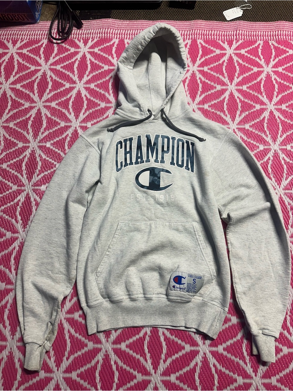 Champion Authentic Gray Pullover Hoodie Sweatshirt Arch Logo Est 1919 Size S